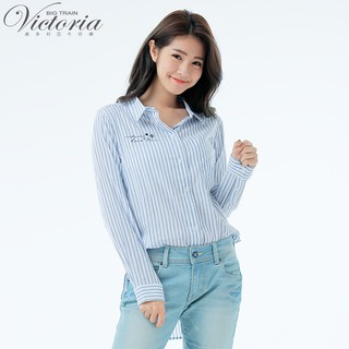 VICTORIA 休閒中長版襯衫-白底藍直條V75084