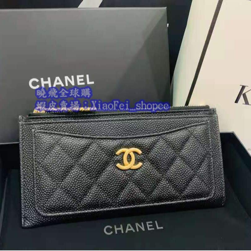 新款chanel零錢包黑色牛皮荔枝紋金扣雙c Logo 扁式拉鍊長夾卡夾卡包手拿包現貨 蝦皮購物
