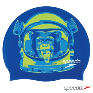 芭比游泳👣SPEEDO成人矽膠泳帽Slogan Monkey藍