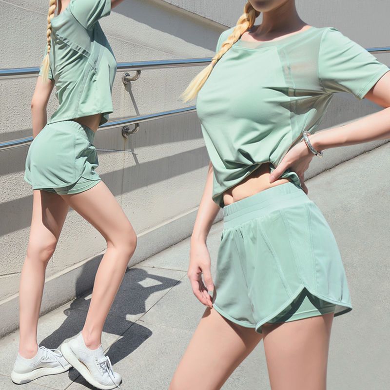 Vivi 瑜伽服套裝女網紗透氣速乾衣排汗衫運動短袖短褲跑步服健身服運動套裝機能運動套裝2件組 蝦皮購物