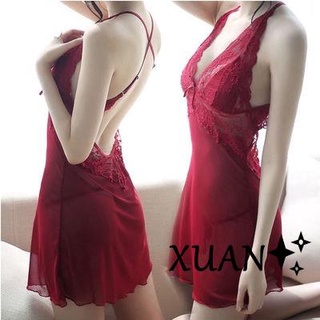 Xuan♥女生睡衣 夏季韓國爆款性感睡衣女式吊帶夏露背家居服深V背心夏季極度誘惑大碼蕾絲睡裙短袖睡衣