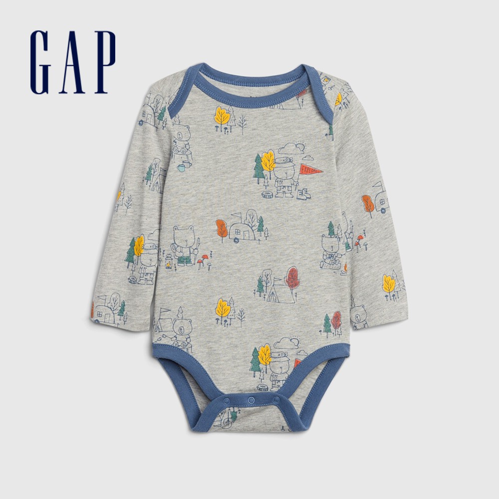 Gap 嬰兒裝 童趣風格印花信封領包屁衣 布萊納系列-淺麻灰(615684)