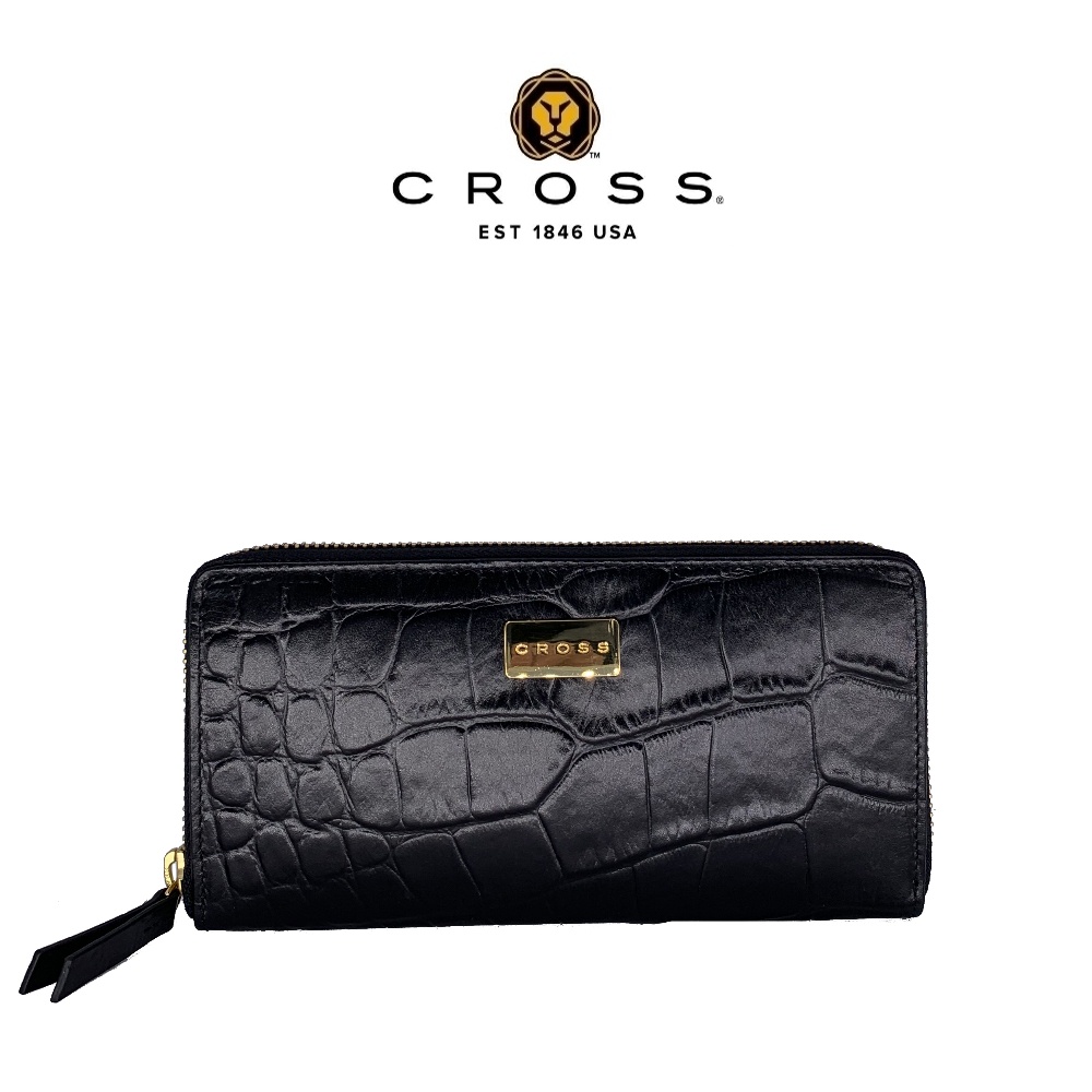 CROSS   頂級 小牛皮 鱷魚紋 拉鍊長夾 長夾 附 送禮 提袋 (黑色 全新 專櫃 展示品) 限量1.5折