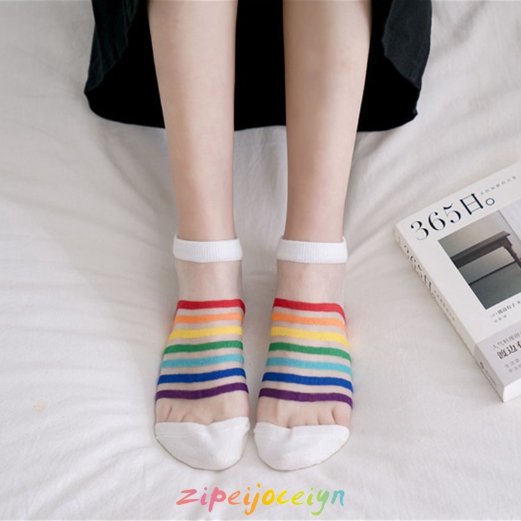 夏季透氣超薄彩虹絲襪 透明卡絲短襪 時尚條紋襪子