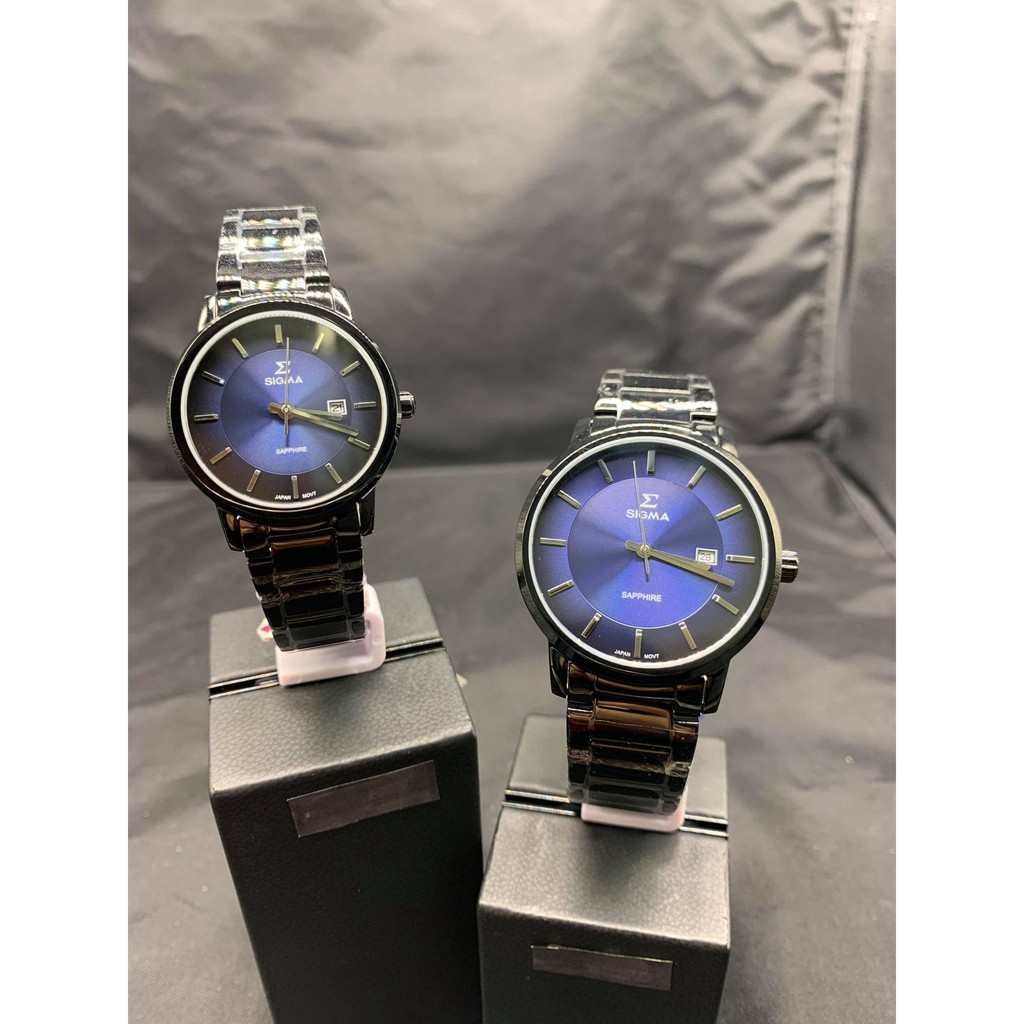 【SIGMA】簡約時尚 藍寶石鏡面情人對錶 1122M-B3 1122L-B3 藍/黑鋼
