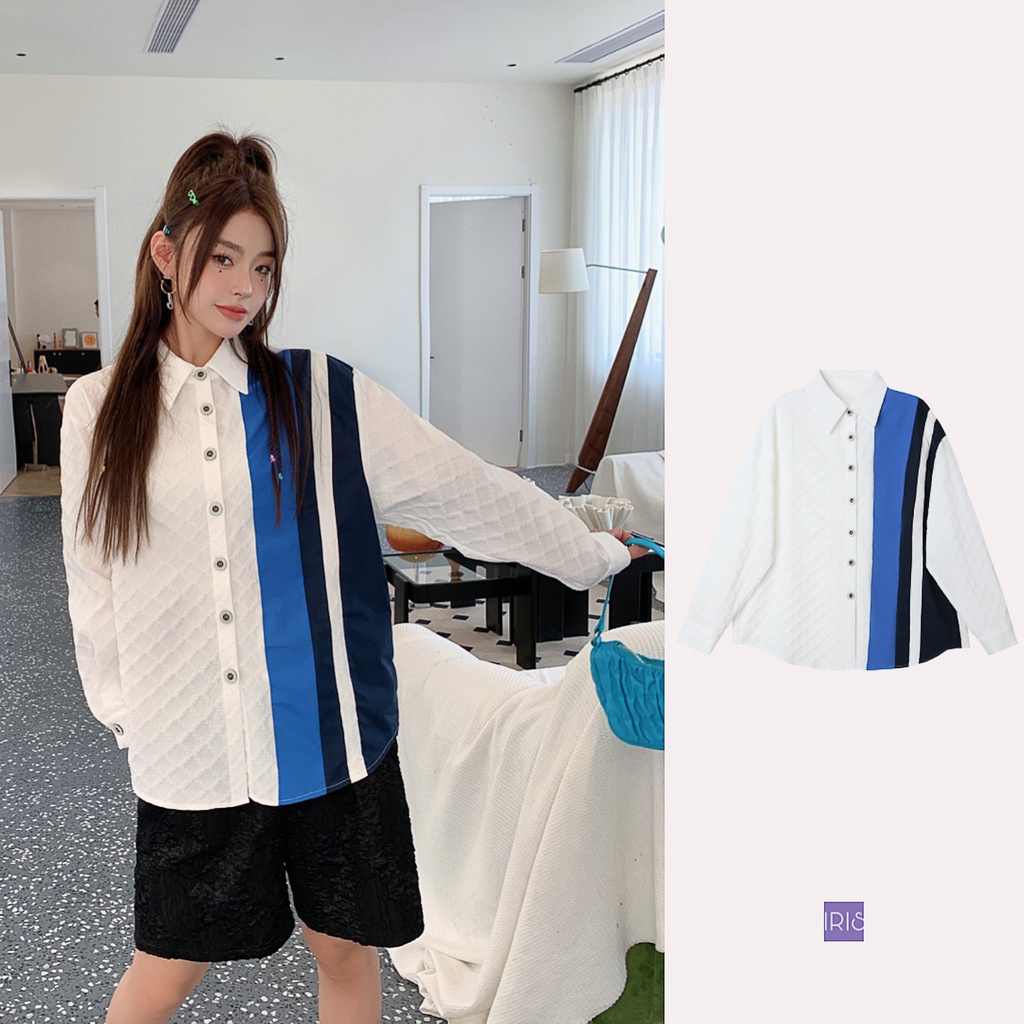 Iris Boutique ISA135 初秋簡約高級藍白拼色長袖女士襯衫