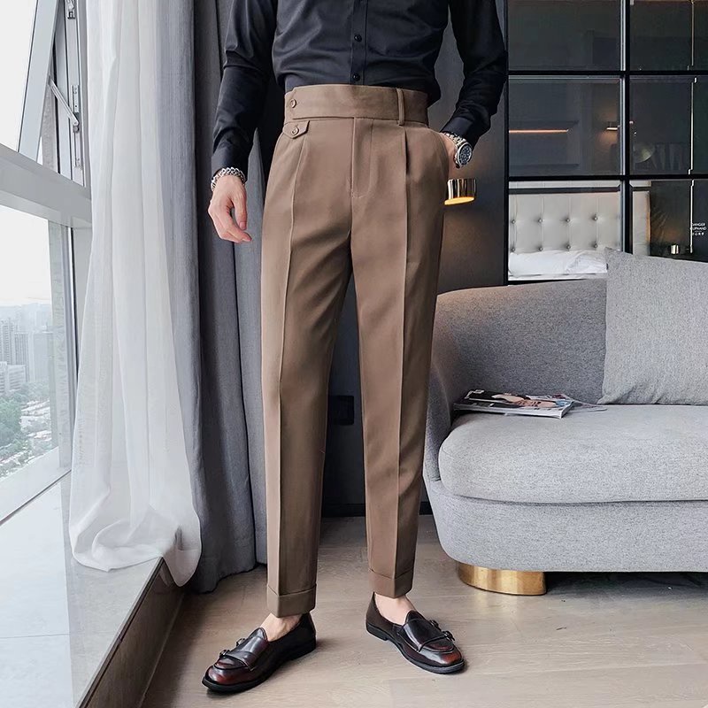 【28-36碼】春夏休閒西裝褲男士韓版帥氣新款素色輕奢咖啡色緊身西裝褲