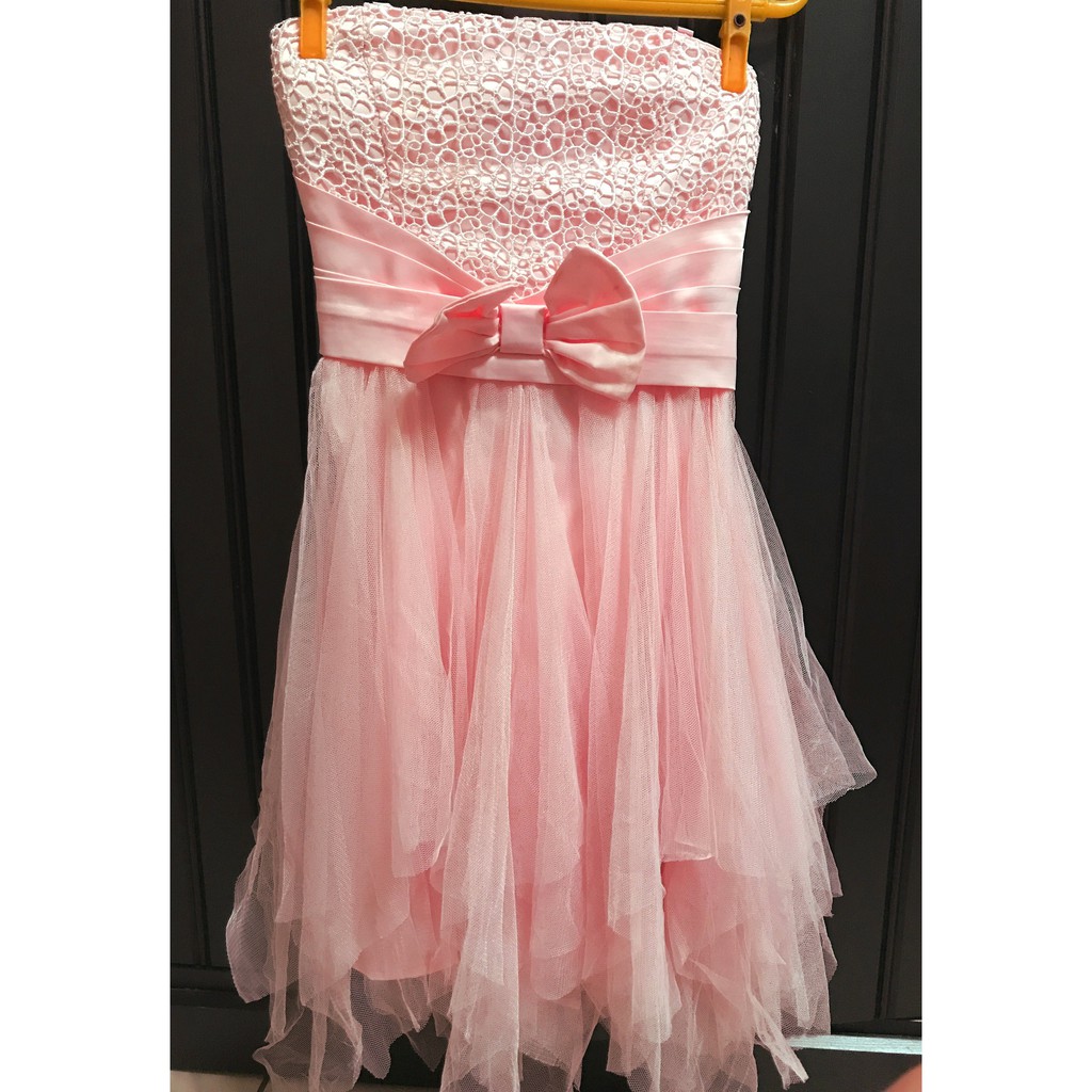 全新粉紅色平口紗裙小禮服婚禮短洋裝