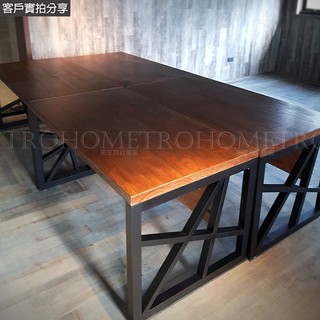 【拓家設計傢俱】可訂製 幾何切割鐵腳實木桌/LOFT長桌辦公桌萬用桌工作桌多人桌/北歐自然邊咖啡店民宿會議桌餐桌餐椅