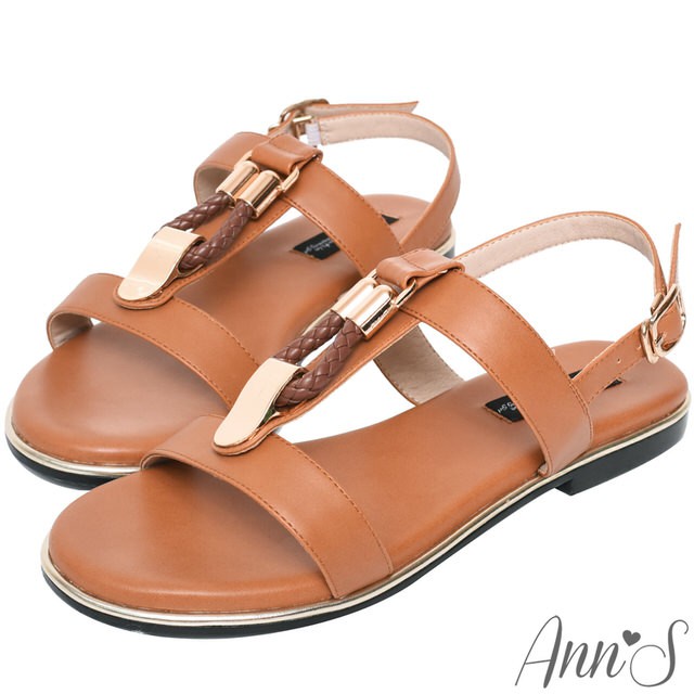 Ann’S名品時尚-編織金扣寬版平底涼鞋-棕