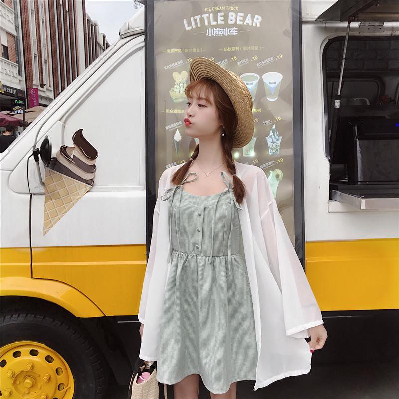 韓版氣質小清新女生格子無袖洋裝搭長袖薄款開衫防曬衣