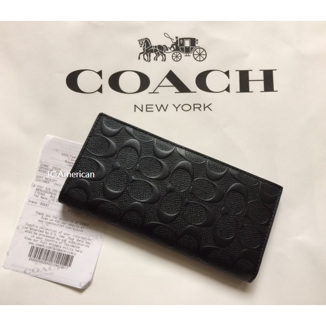 【美國JC】COACH 75365 經典C logo 壓紋 黑色防皮革 對折式 信封 男 長夾/皮夾 (送紙盒)+紙袋