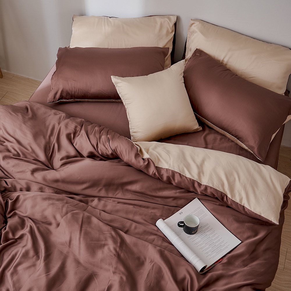 戀家小舖 台灣製床包 單人床包 床單 摩卡杏 100%天絲 床包枕套組 60支天絲 素色