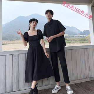 【COUPLE】2022年夏情侶裝💙💗方領連衣裙法式系帶收腰顯氣質a型長裙男襯衣