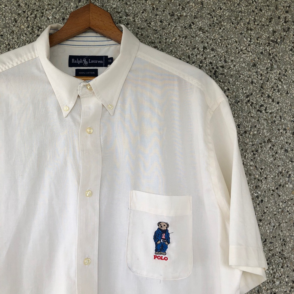 [Oldman Vintage]Polo Ralph Lauren 白色 小熊 刺繡 短袖 古著 襯衫 XL B03