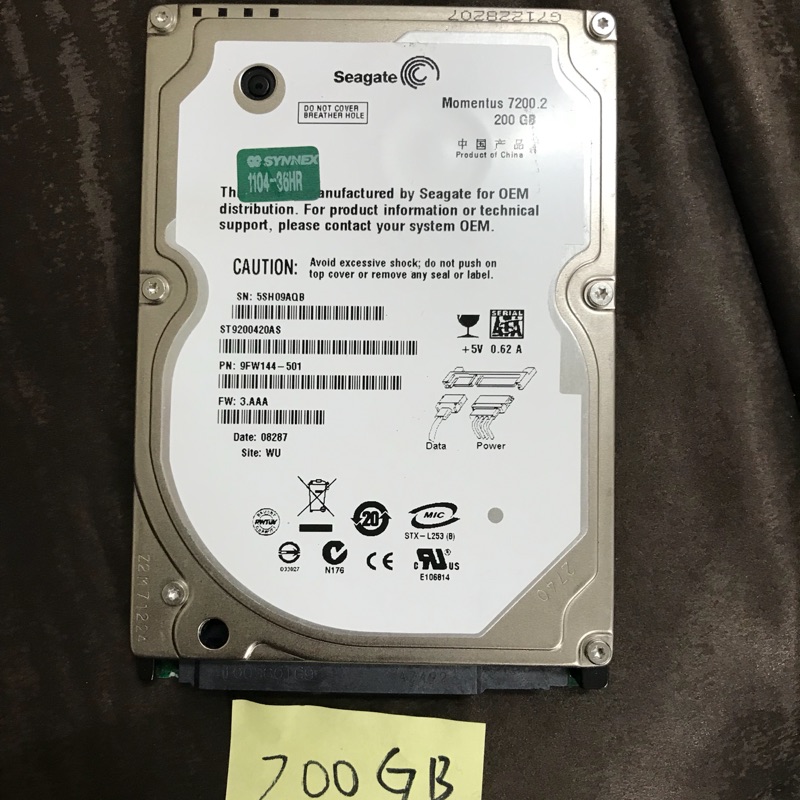 2.5吋希捷筆記型電腦用硬碟200GB，保證良品，無壞軌，筆電用，個保一個月，特賣250元