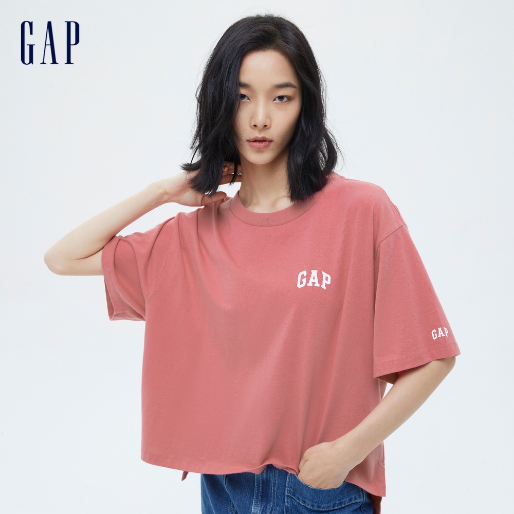Gap 女裝 Logo純棉寬鬆短袖T恤 厚磅密織親膚系列-粉紅色(698851)