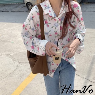 【HanVo】浪漫優美花朵長袖襯衫 韓系時髦百搭寬鬆顯瘦修身襯衫上衣 韓國女裝 女生衣著 1728