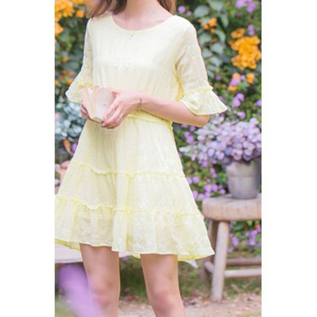 新款 女 韓 唯美 氣質 木耳袖 喇叭袖 公主風 素色 細褶壓紋 洋裝 連身裙 黃色賣場
