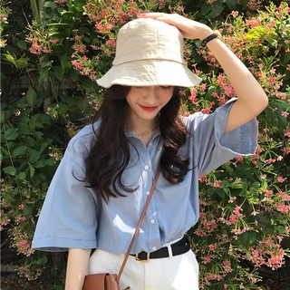 韓版夏季新款女生襯衫 港風素色簡約短袖襯衫 女生上衣短袖襯衫