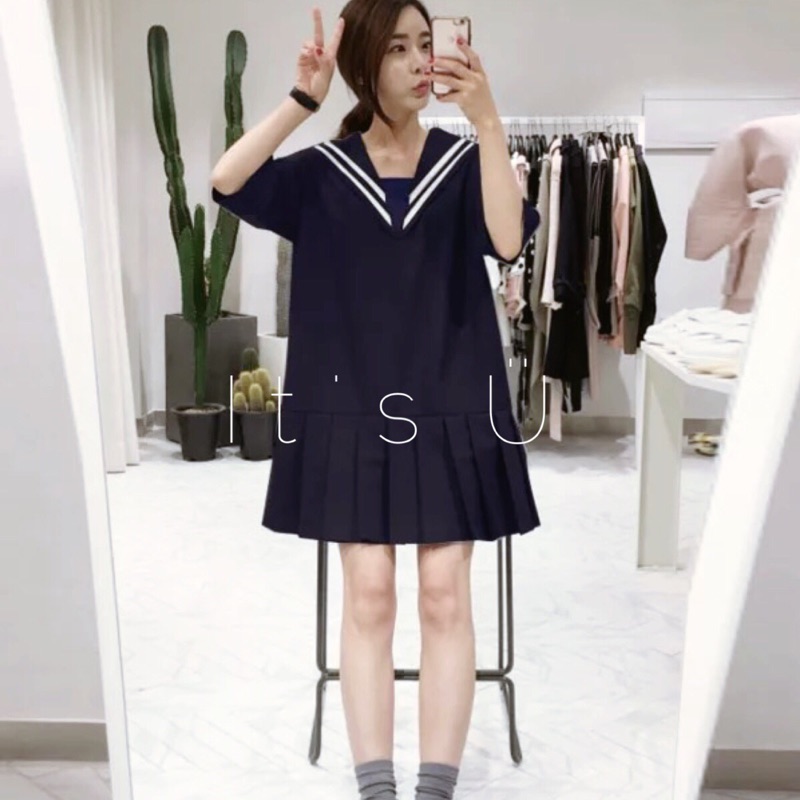 韓版 學院風寬鬆條紋水手領連身裙洋裝長版上衣水手服學生制服休閒穿搭 蝦皮購物