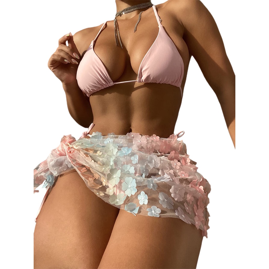 性感女式 3 件套泳衣粉色三維碎花短泳裙繃帶微比基尼露背上衣女沙灘裝