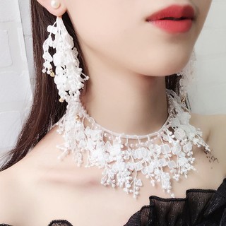 CHIU.CHIU韓國飾品 氣質優雅甜美珍珠花朵蕾絲頸鏈項圈短項鏈鎖骨鏈女 名媛長款耳飾耳釘耳環 女生配件