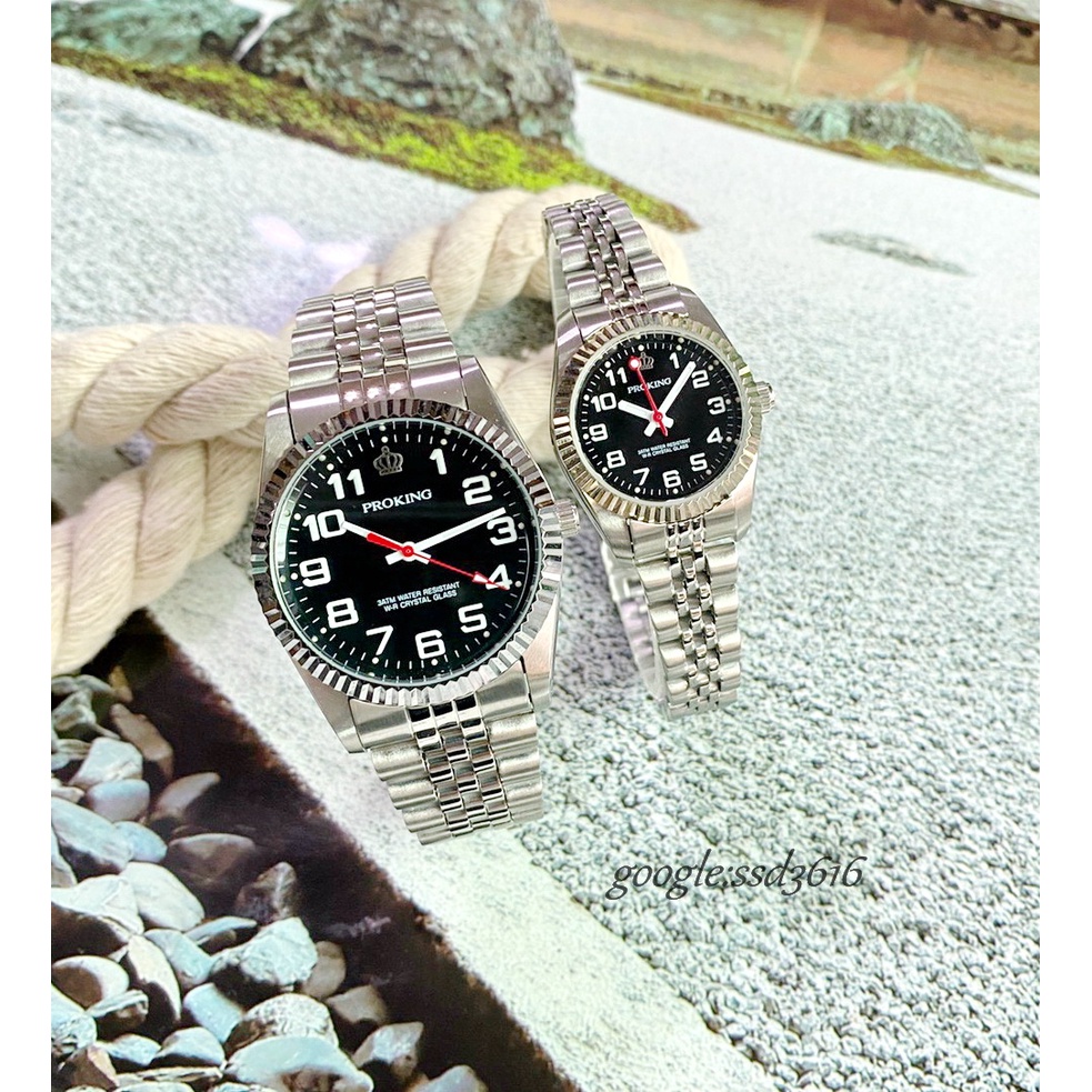 地球儀鐘錶PROKING皇冠蠔式錶 日本機芯/台灣組裝/石英錶/不鏽鋼錶帶+強化玻璃鏡面/時尚高貴/4025黑面數字