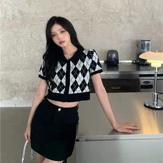 ☽ ins風黑白格紋polo短T
