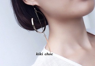 ♥kiki choc♥韓．金屬感開口大圓形鍊條垂墜羽毛長款耳勾式/耳夾式耳環小臉神器 李聖經樸信惠韓孝珠宋慧喬全智賢