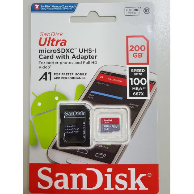 [黃色的房子] 增妳強展碁公司貨 全新Sandisk MicroSD 200GB A1 100MB/SEC 讀取 終身保