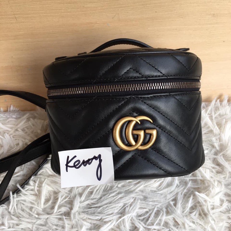 Gucci Marmont 黑色復古雙G化妝箱後背包