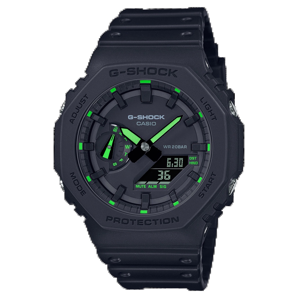 CASIO 卡西歐 GA-2100-1A3【台灣公司貨】新霓虹農家橡樹 G-SHOCK 防水 八角-黑X綠/45.4mm