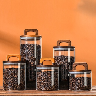 復古木蓋 木蓋 玻璃氣密罐 透明硼矽玻璃帶手柄 儲物罐 儲物罐食品儲物瓶 咖啡豆儲物罐 儲物罐