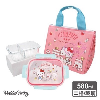 ♥小玫瑰日本精品♥Hello Kitty 三麗鷗 耐熱玻璃保鮮盒 樂扣便當盒 附便當袋 保溫保冷袋 ~3