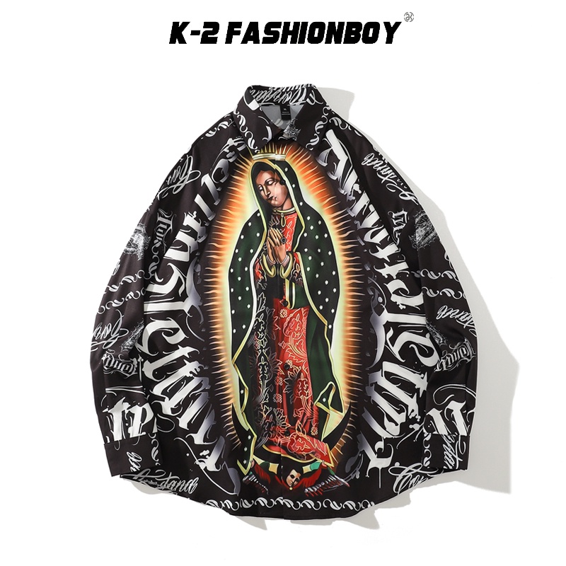 【K-2】聖母瑪利亞 美式 哥德字體 TATTOO 美式塗鴉 暗黑饒舌 數位印花 長袖襯衫 襯衫 街頭潮流【B350】