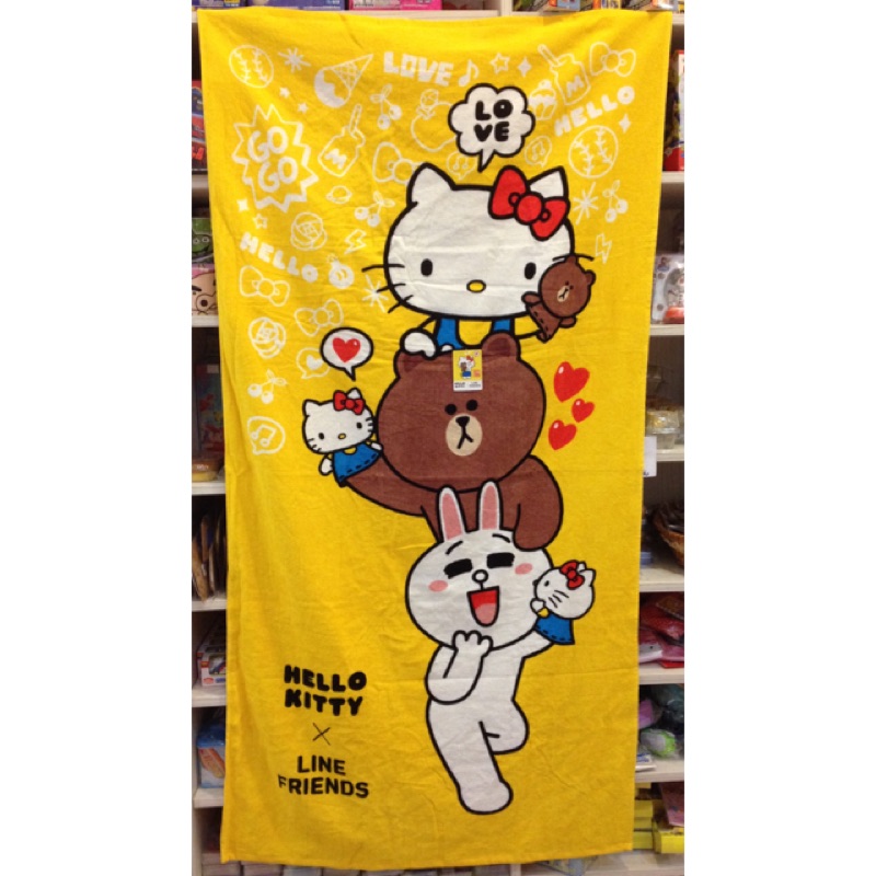Line friend 熊大 hello kitty mix 合體 大浴巾 浴巾 黃底