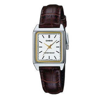 【CASIO】經典時尚方形銀框皮革腕錶-羅馬白面(LTP-V007L-7E2)正版宏崑公司貨