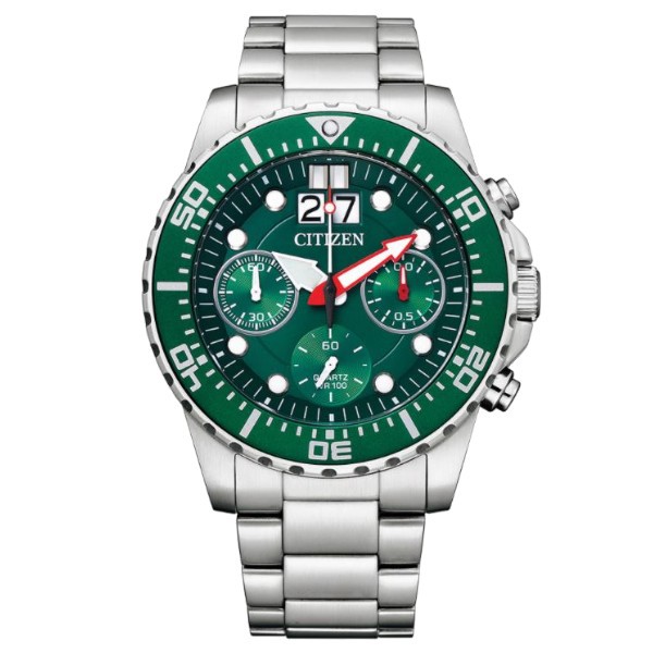 CITIZEN 星辰 AI7009-89X 經典時尚三眼碼表計時腕錶/綠面 43mm