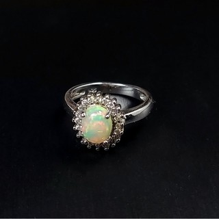 蛋白石戒指 Opal 925純銀戒指 歐泊固定台銀戒(約10號)