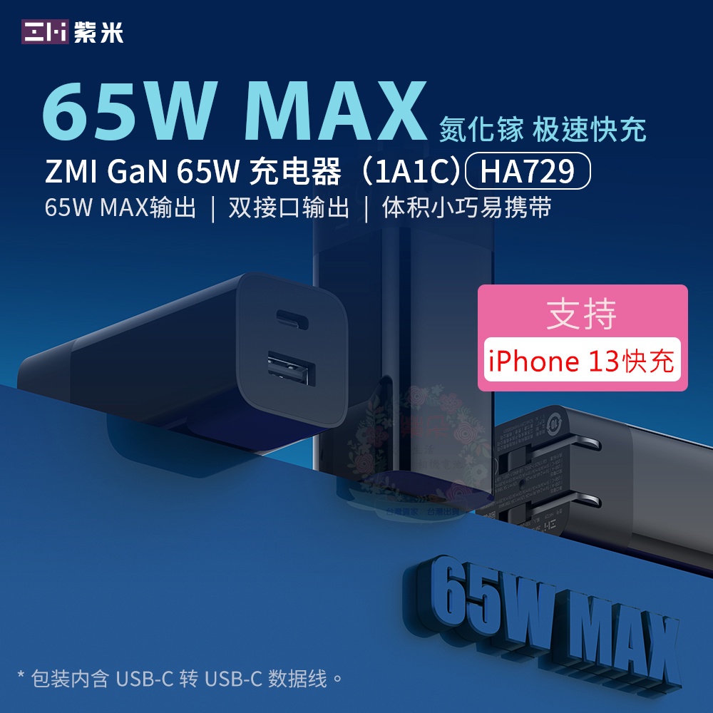 電子發票🍁ZMI 紫米 65w 1A1C 氮化鎵 快充充電器 摺疊雙口快速充電頭閃充 適用蘋果i14Pro HA729