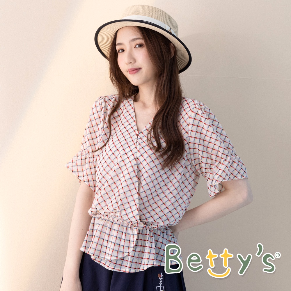 betty’s貝蒂思(11)交叉荷葉雪紡上衣 (紅格紋)
