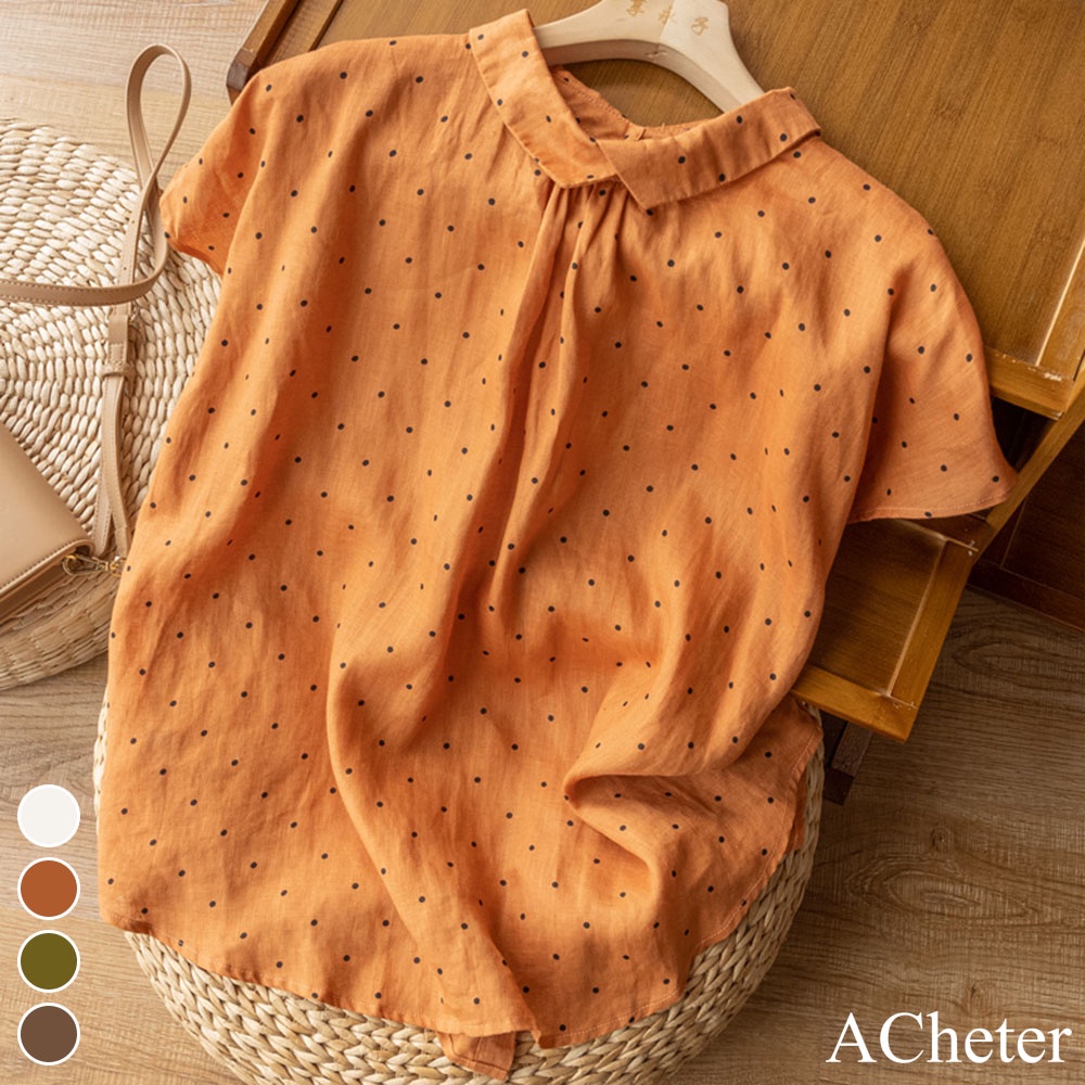 【ACheter】波點文藝襯衫涼感棉麻上衣#113126現貨+預購(4色)