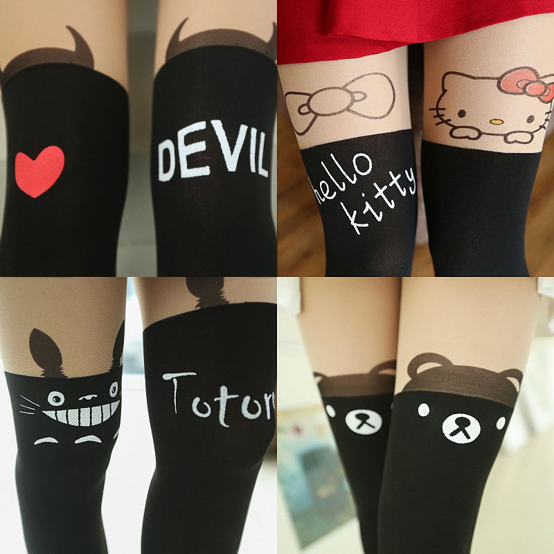 3雙裝日系春秋薄款卡通Hello Kitty長筒連褲襪 過膝絲襪 大腿襪 光腿神器