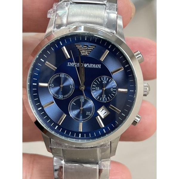 阿曼尼Emporio Armani 銀鋼配藍色錶面三眼石英錶