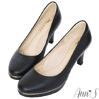 Ann’S美腿公式-小羊皮金色夾心防水台圓頭高跟鞋7.5cm-黑