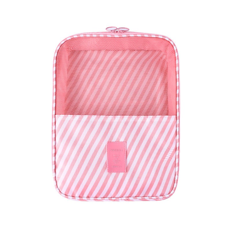 【親和力】粉色條紋 DINIWELL新款斜紋防水加大可掛行李箱旅行用衣物鞋子袋收納用雙層三位鞋包