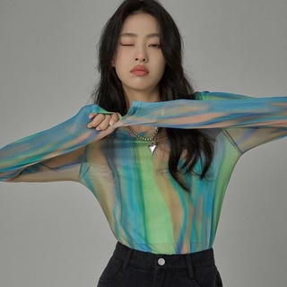 韓國女裝網紗長袖t卹春夏新款緊身薄款內搭綠色打底衫冷鋒衣防曬衣