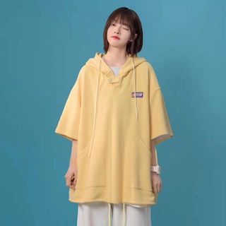 【大尺碼女神專屬】胖mm大尺碼150公斤華夫格連帽短袖T恤女寬鬆顯瘦原宿風bf百搭短袖上衣大尺碼T恤長袖
