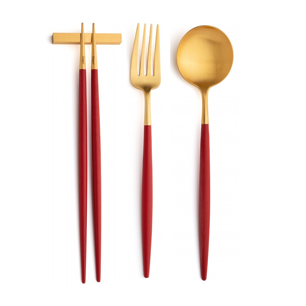 葡萄牙Cutipol GOA系列 紅金霧面不銹鋼-主餐3件組(主餐叉匙+筷組)